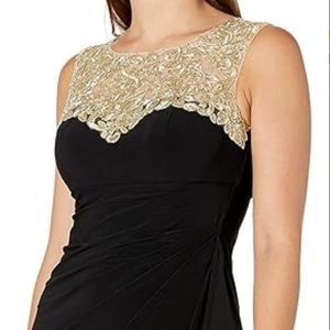 Alex Evenings Women's Long Column Dress- Sweetheart Illusion Neckline Black/Gold